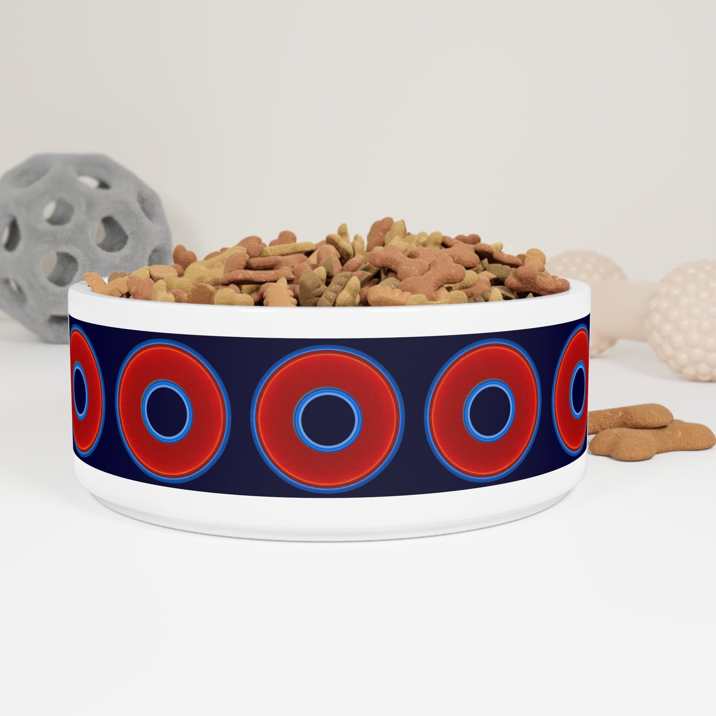 16 oz Lumpy Pet Bowl - vivid red donuts w/dark blue background