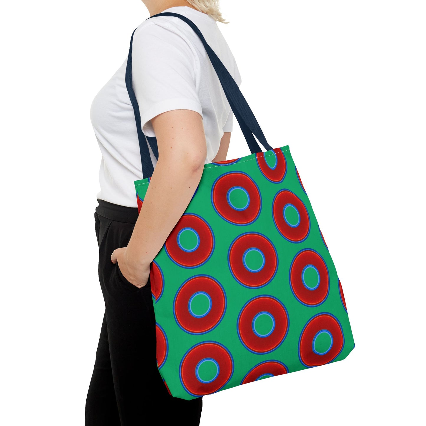 Lumpy Beach/Tote Bag - red vivid donuts w/jade green background