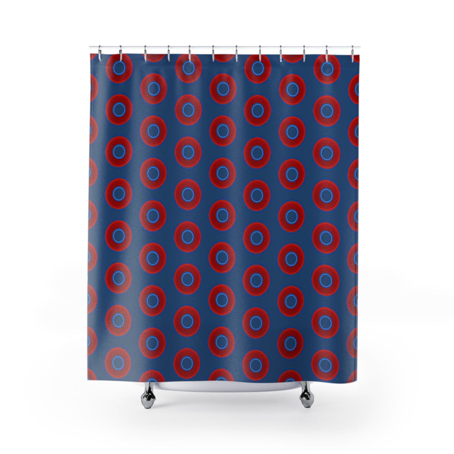 The Curtain With "Donuts" - Lumpy Bath Time Fun - vivid red donuts w/light navy background