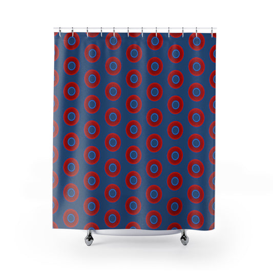 The Curtain With "Donuts" - Lumpy Bath Time Fun - vivid red donuts w/light navy background
