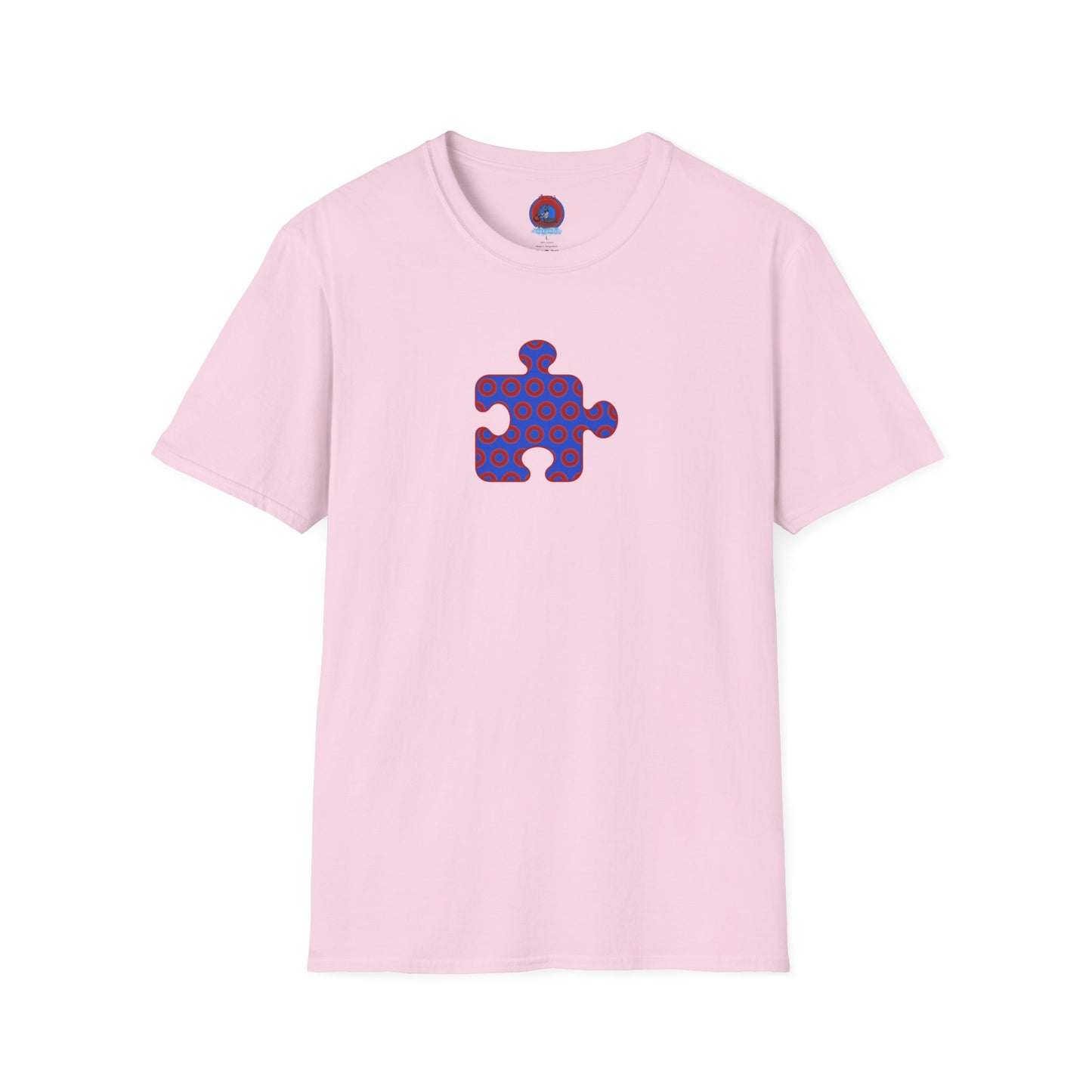 Classic Donut Tee - Unisex Soft-Style - "Trey's Completed Donut Pattern" - vivid red/blue puzzle pattern - variant 2