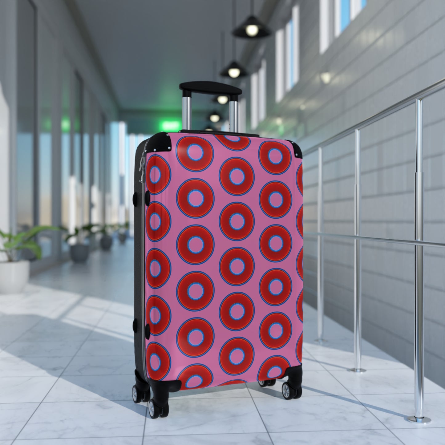 The Very Lumpy Donut Suitcase series - your choice of S, M or L - vivid red donut print w/light pink background
