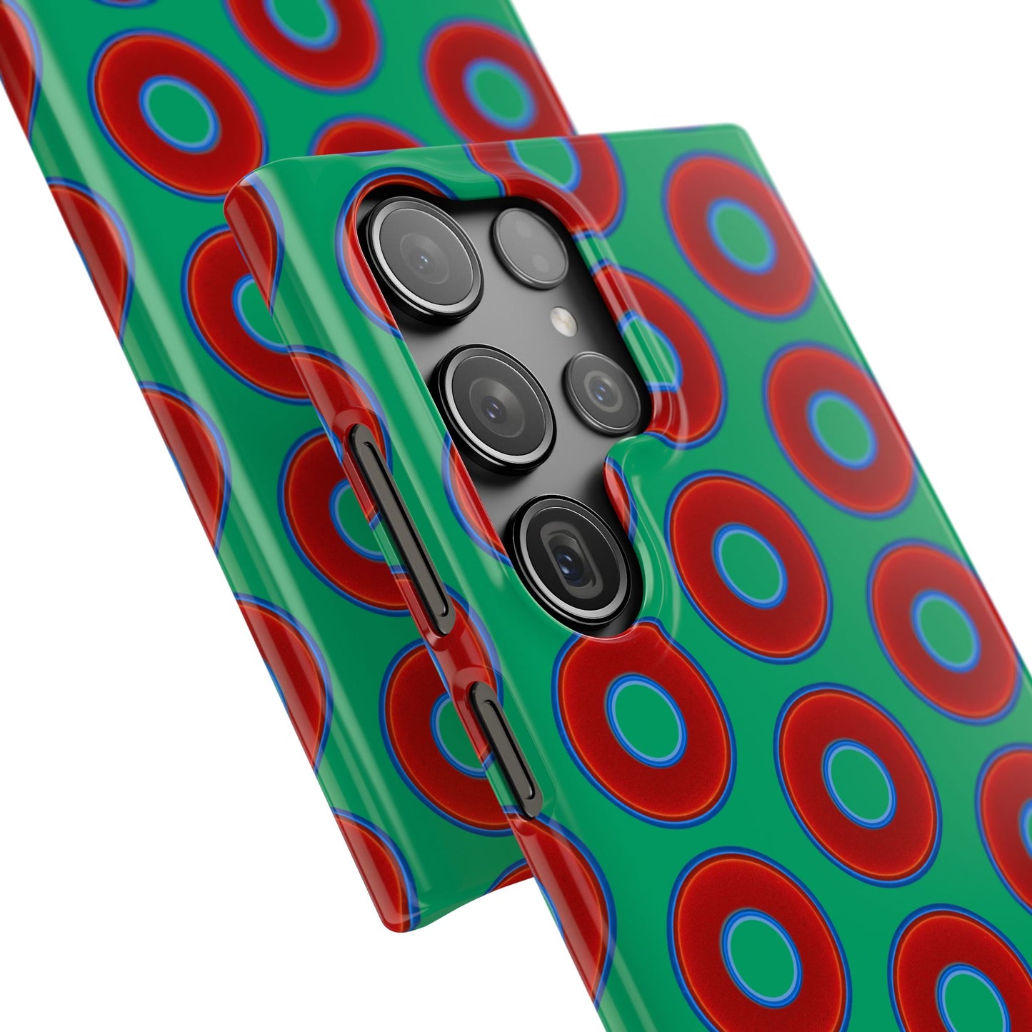 Lumpy Donut Snap Case - red vivid donut print w/jade green background
