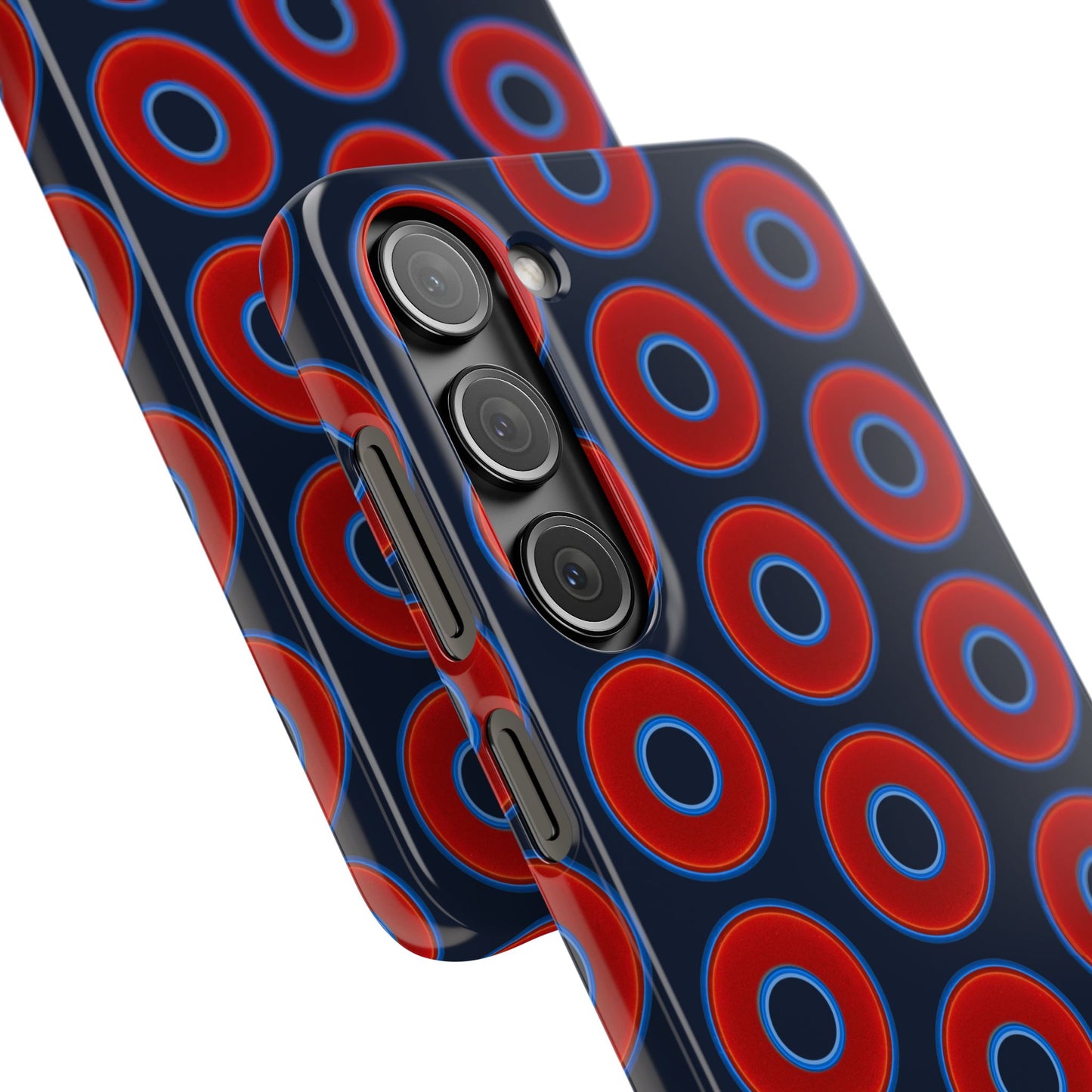 Lumpy Donut Snap Case - red vivid donut print w/midnight teal blue background
