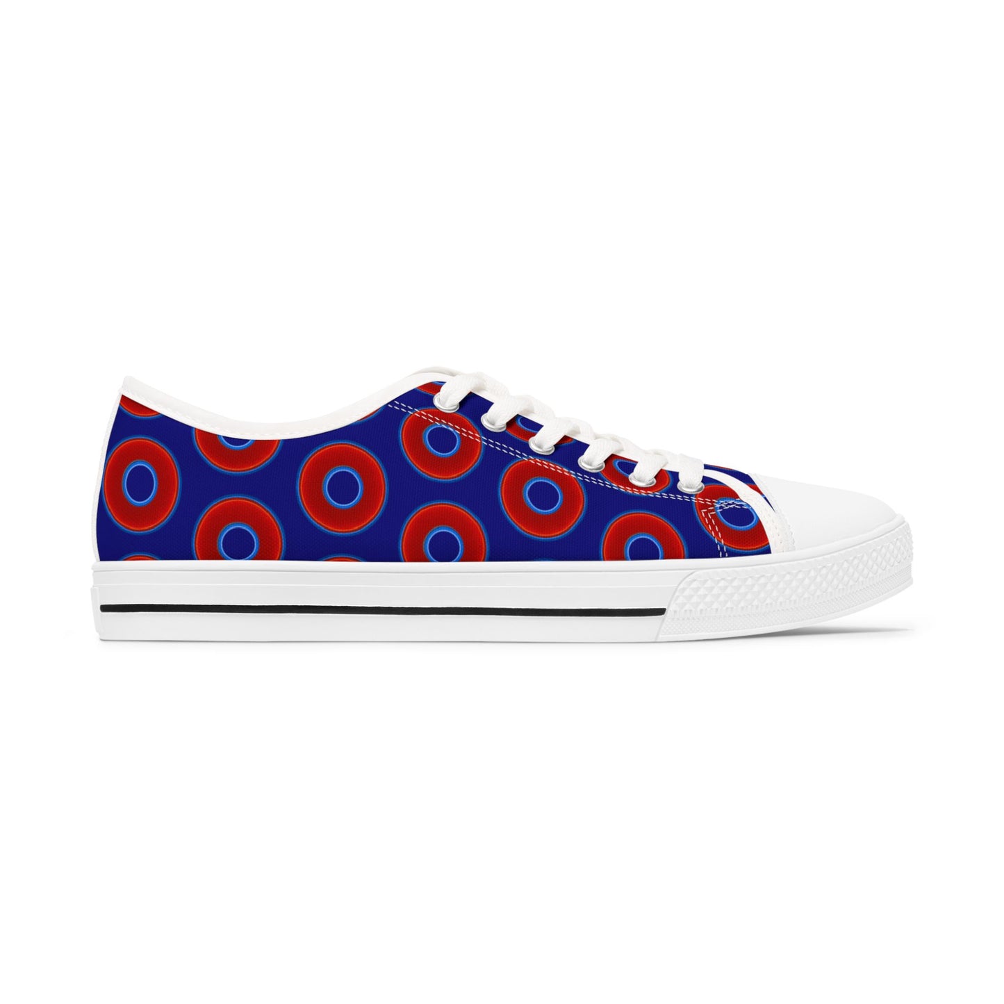 Women's - Low Top Chuck Taylors - large vivid red donut print w/vivid navy blue background