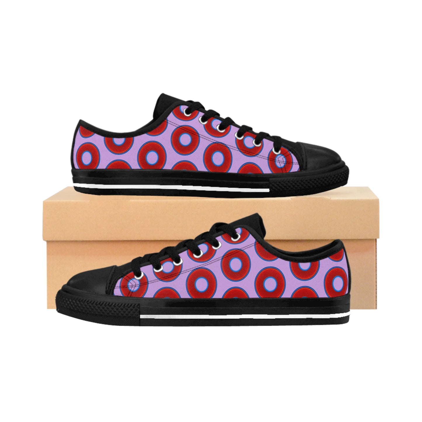 Men's Cushiony Convectors - Low Top - large red vivid donut print w/wisteria purple background