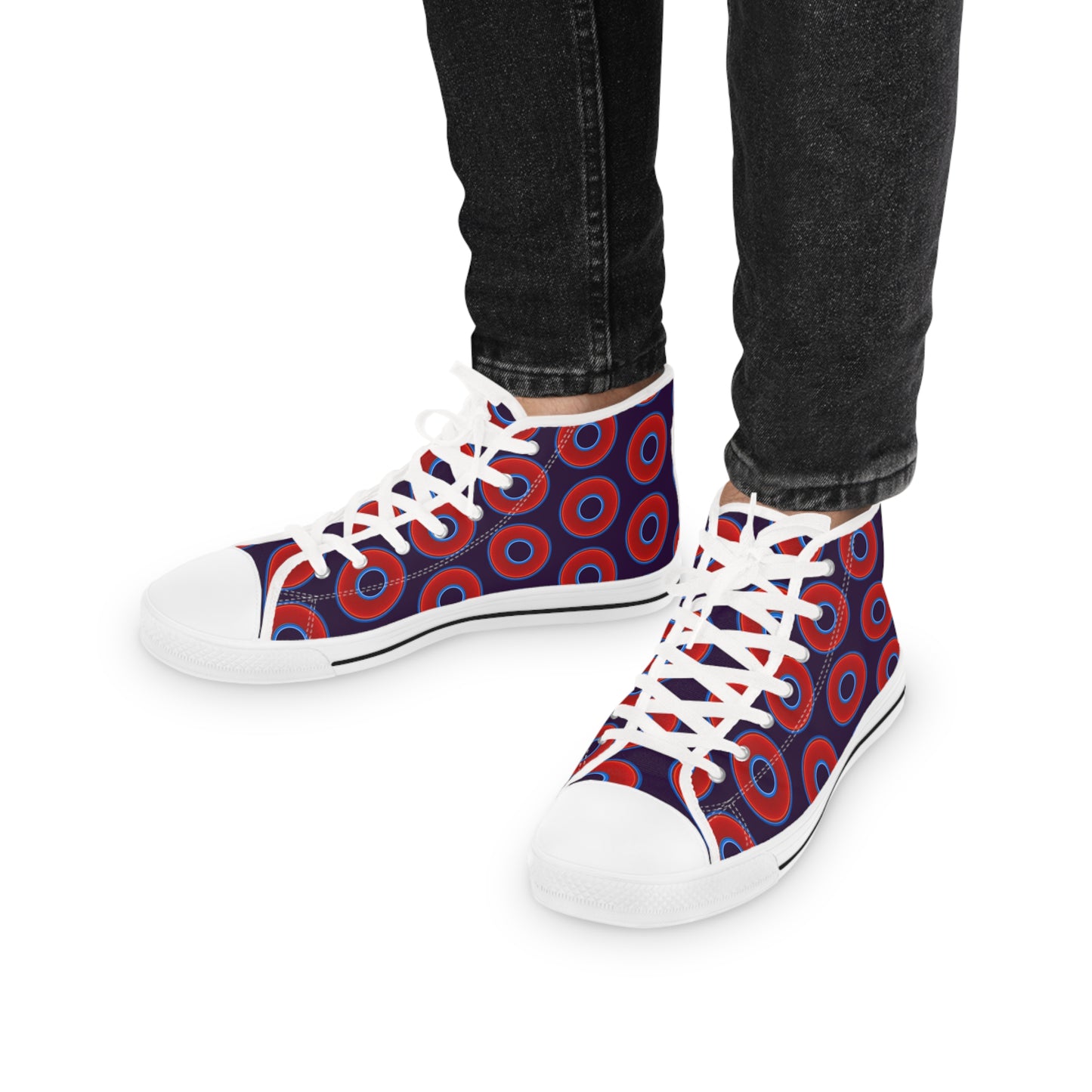 Men's High Top Chucks - large vivid red donut print w/midnight purple background