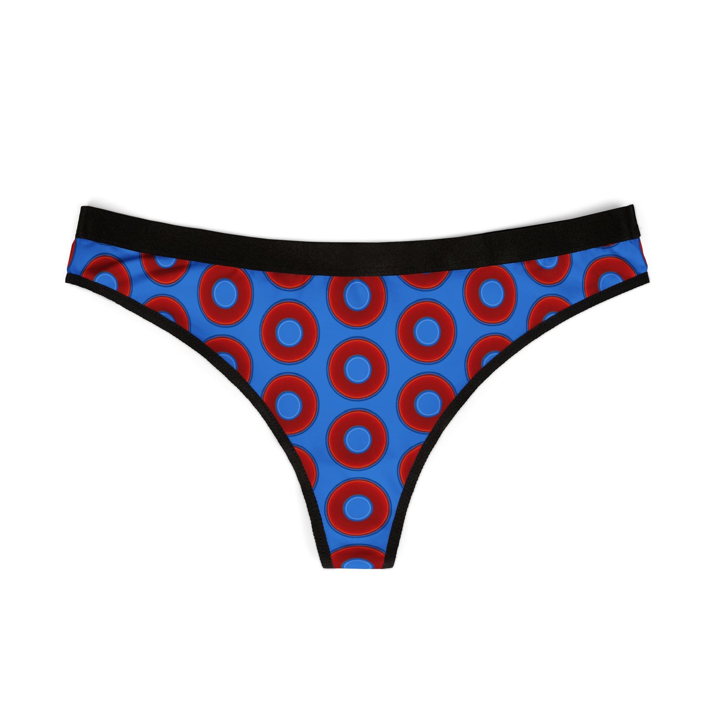Lumpy Donut Thongs - red vivid donut print w/light royal blue background