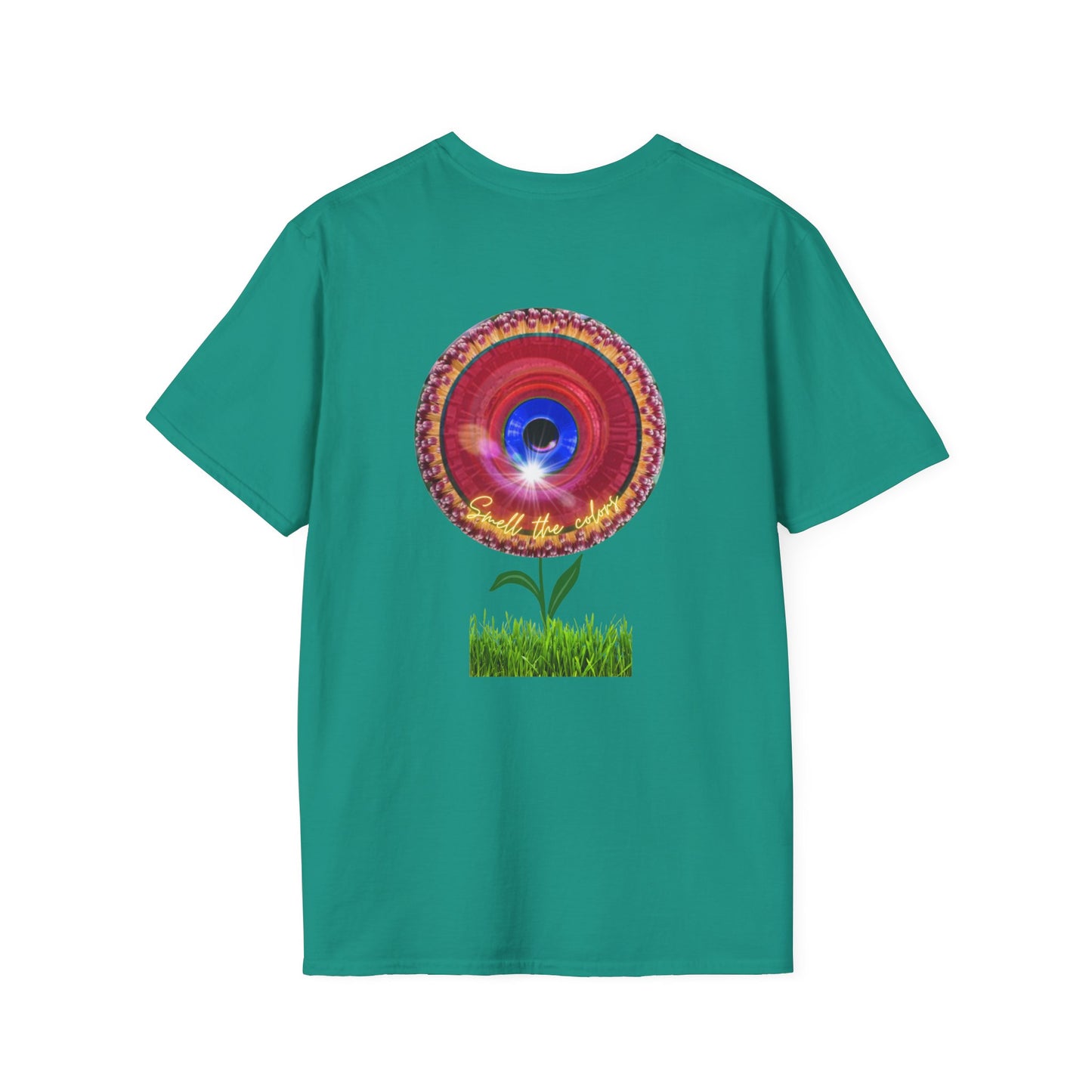 Classic Donut Tee - Unisex Soft-Style - "Smell the Donuts Outside on my Lawn"  " variant 2 - blue donut on red donut/flower