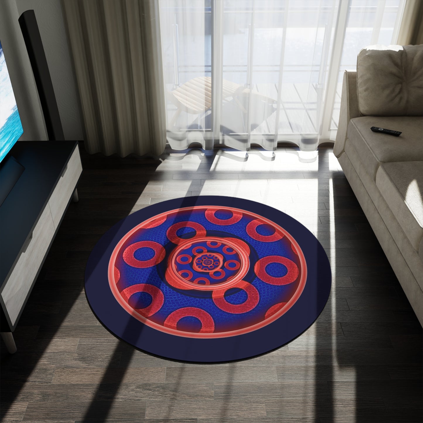 Round Room - 5 ft x 5 ft Lumpy Donut Rug - "Kaleidoscope Paradox Donut " - rustic paradoxical red/blue donut w/midnight blue background - variant 1