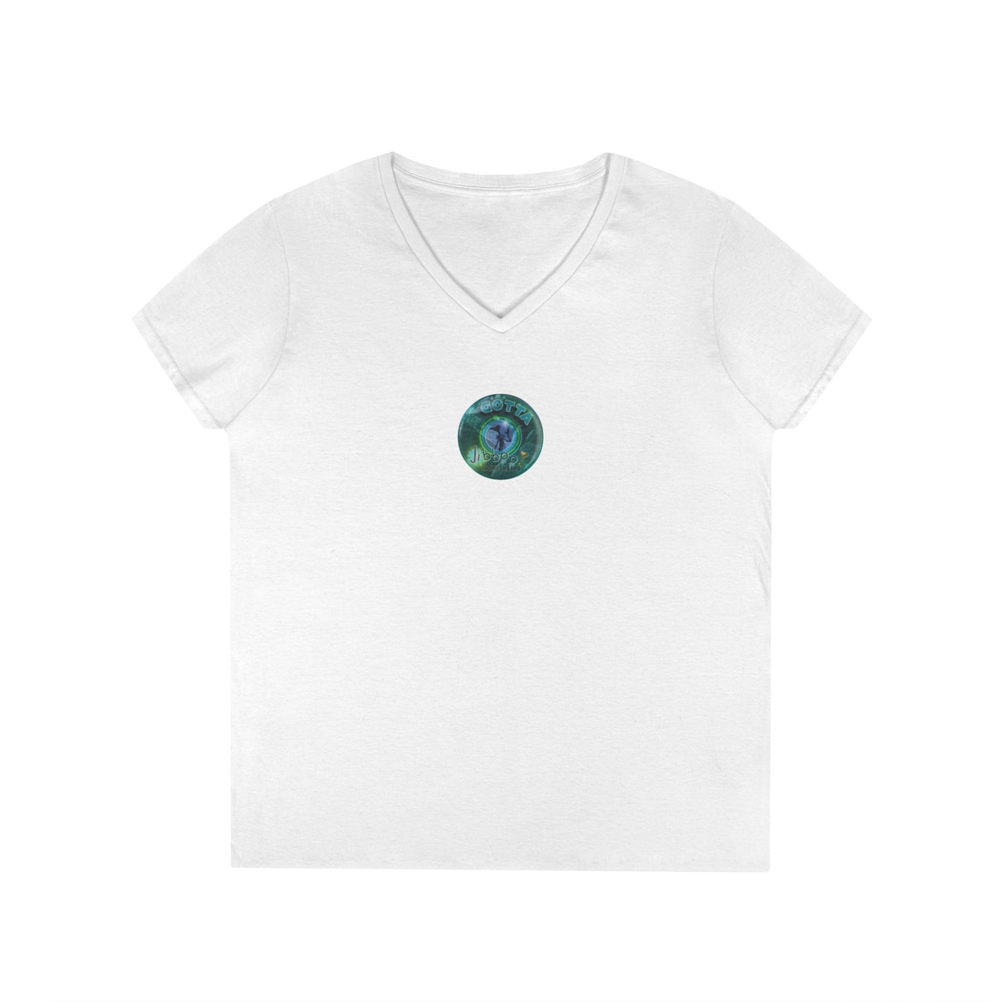 Women's Donut V-Neck Tee - "Momma just got out of Sing Sing" - vivid teal green donut w/