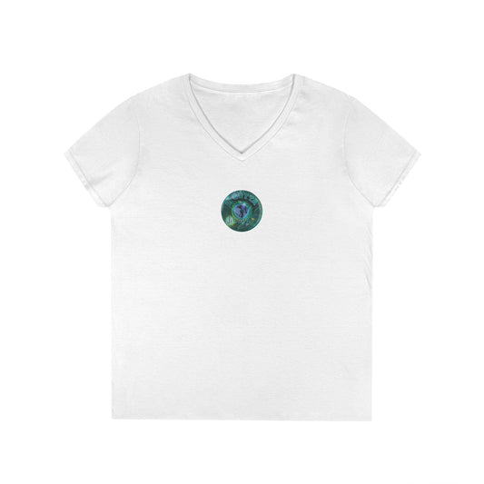 Women's Donut V-Neck Tee - "Momma just got out of Sing Sing" - vivid teal green donut w/