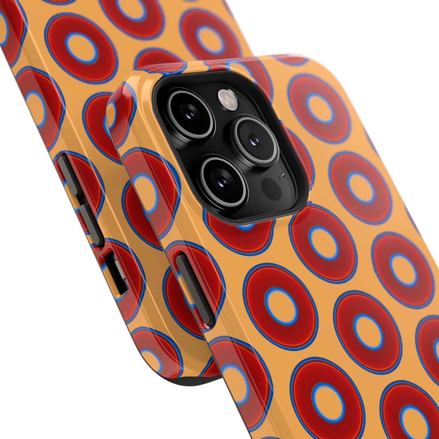 Impact-Resistant Lumpy Donut Case - red vivid donut print w/creamsicle orange background