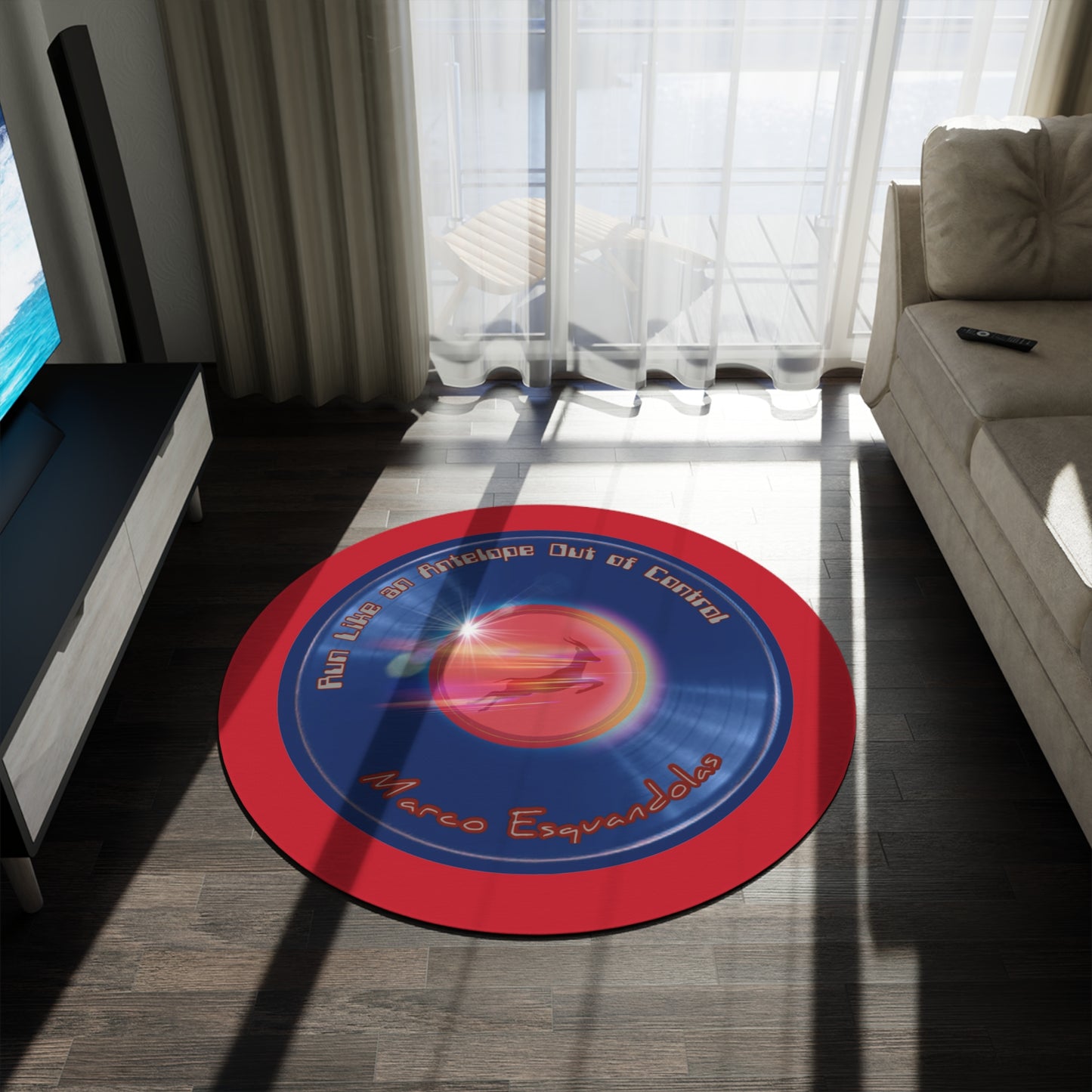 Round Room - 5 ft x 5 ft Lumpy Donut Rug - "Marco's Preferred Donut Rug" - vivid blue record donut w/dark red background