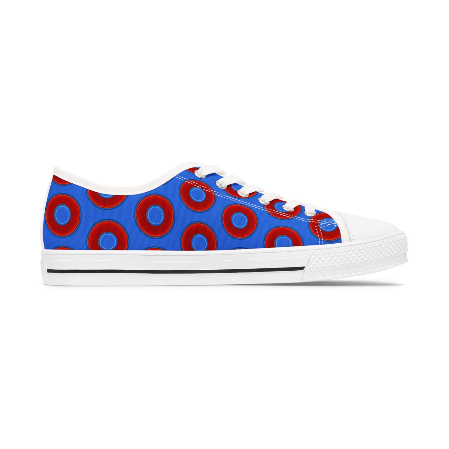 Women's - Low Top Chuck Taylors - large vivid red donut print w/medium royal blue background