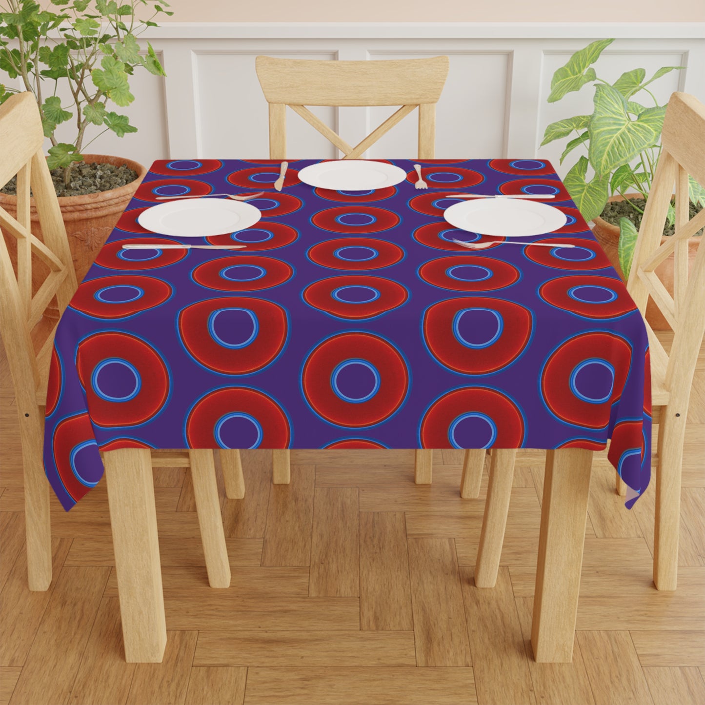 Lumpy Tablecloth - 55.1" x 55.1" - vivid red donuts w/purple background