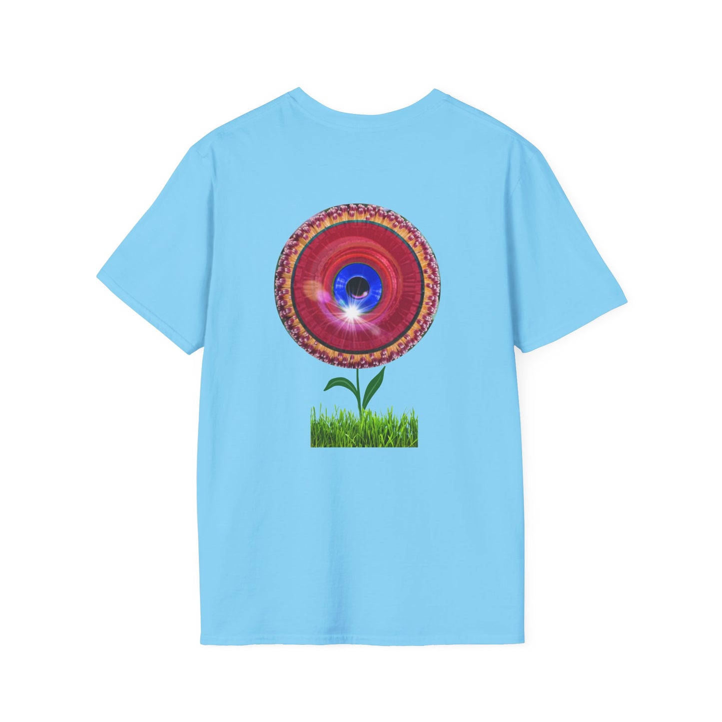 Classic Donut Tee - Unisex Soft-Style - "Smell the Donuts Outside on my Lawn"  " variant 1 - blue donut on red donut/flower
