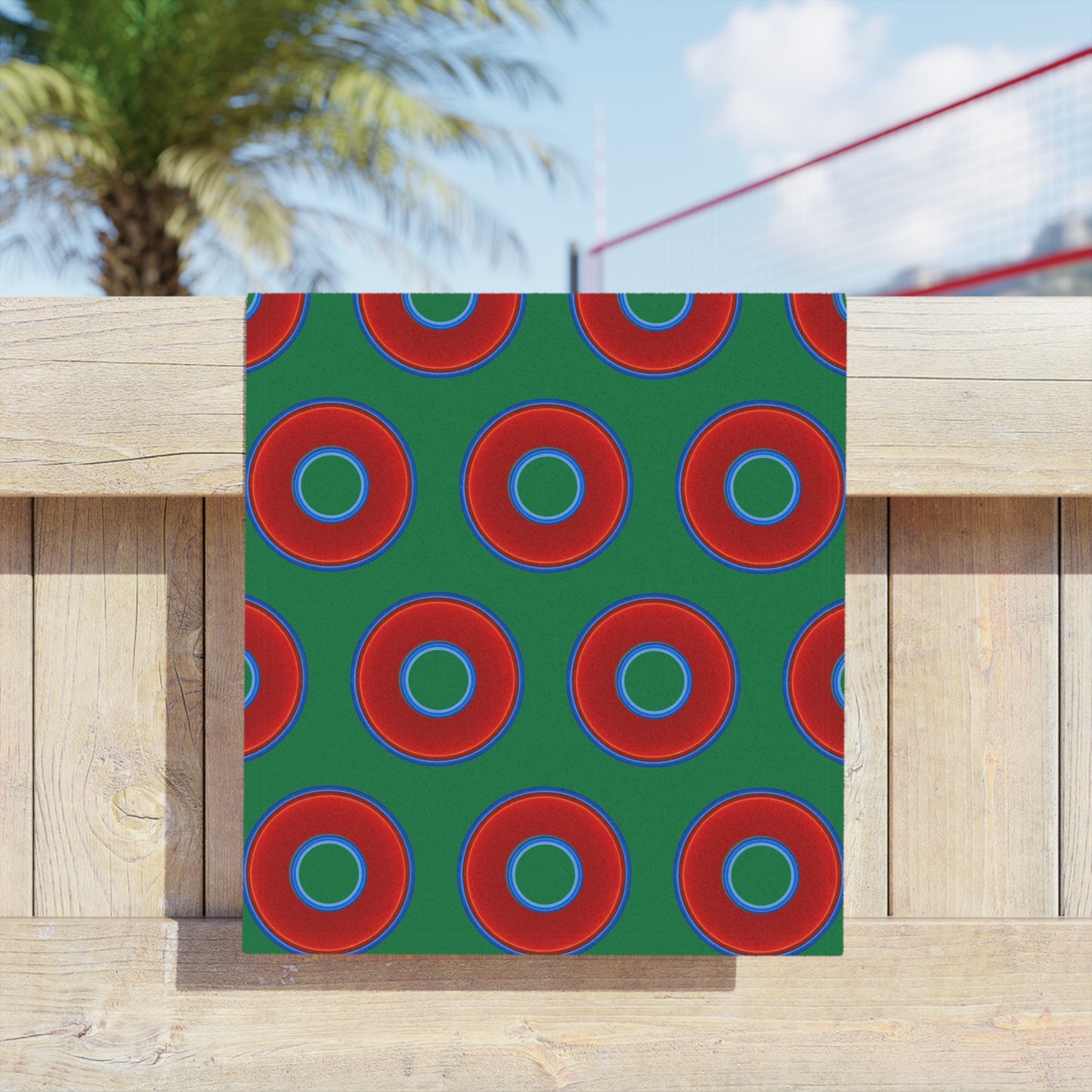 Lumpy Donut Towels - vivid red donuts w/green background