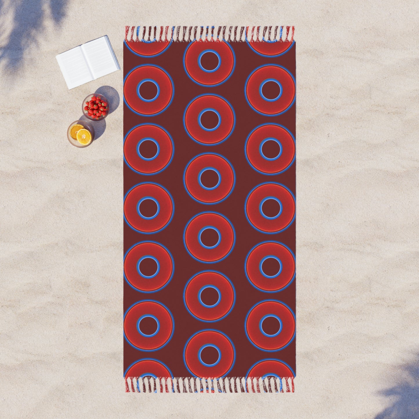 Oversized Lumpy Beach Towel - vivid red donuts w/dark red background