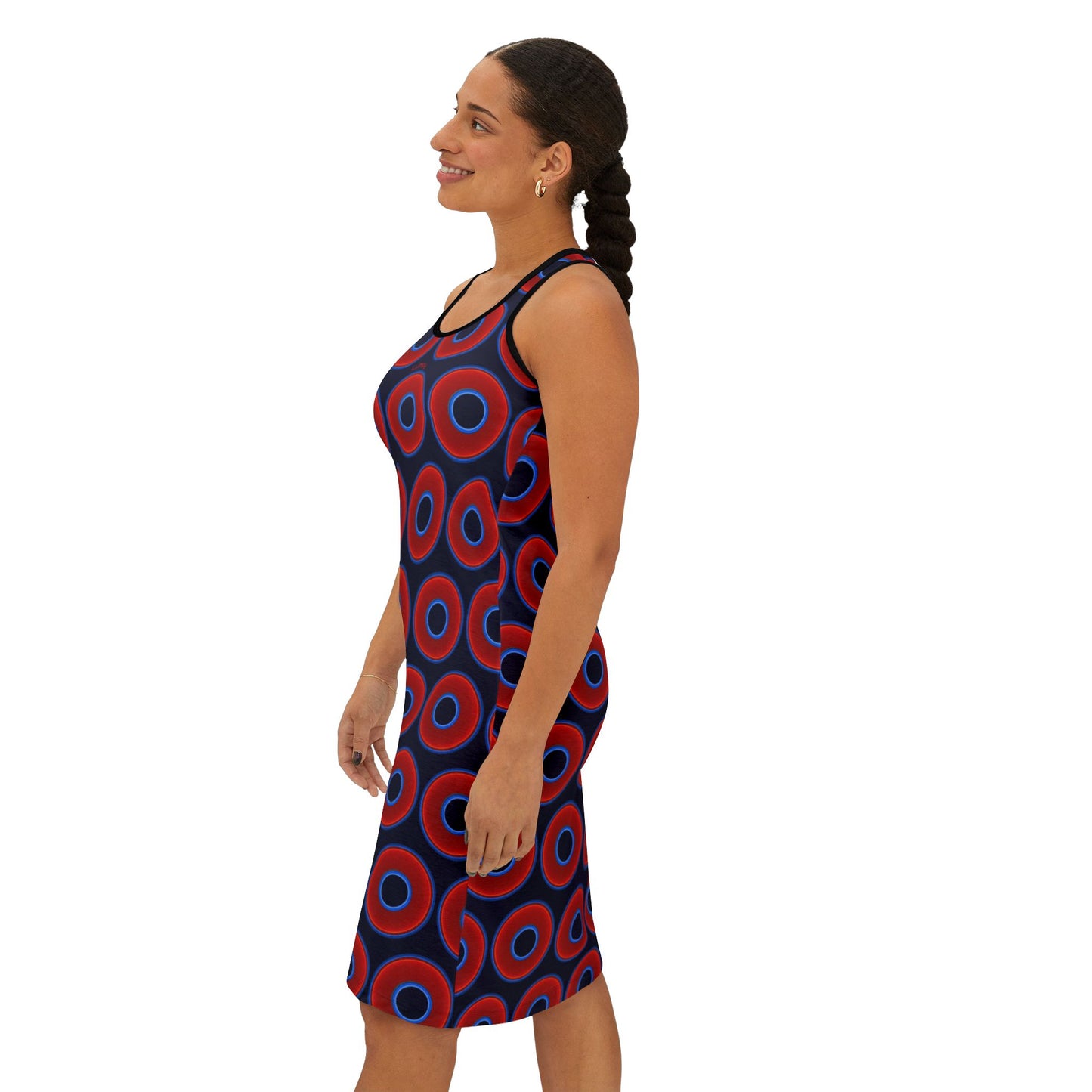 Tela's Lumpy Racerback Donut Dress - red vivid donut print w/dark navy blue background