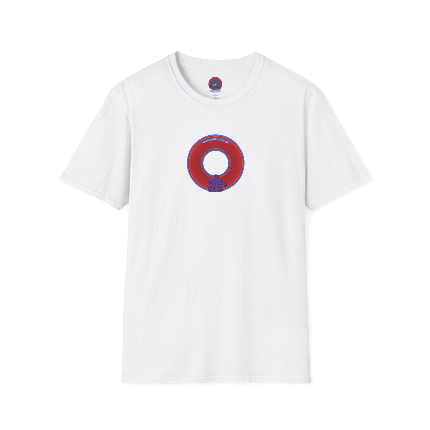 Classic Donut Tee - Unisex Soft-Style - "Trey's Completed Donut" - vivid red/blue donut