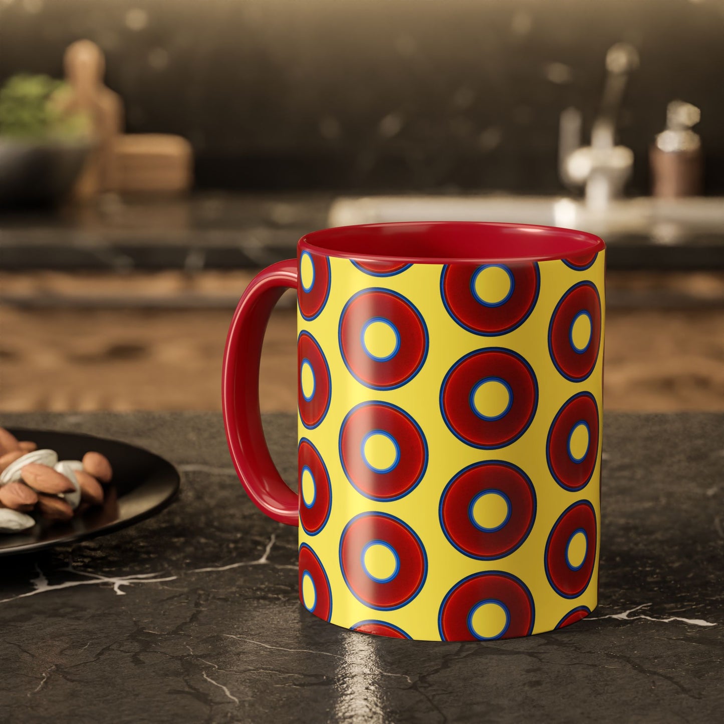 Lump's Grumpy Coffee Mug - vivid red donuts w/yellow background