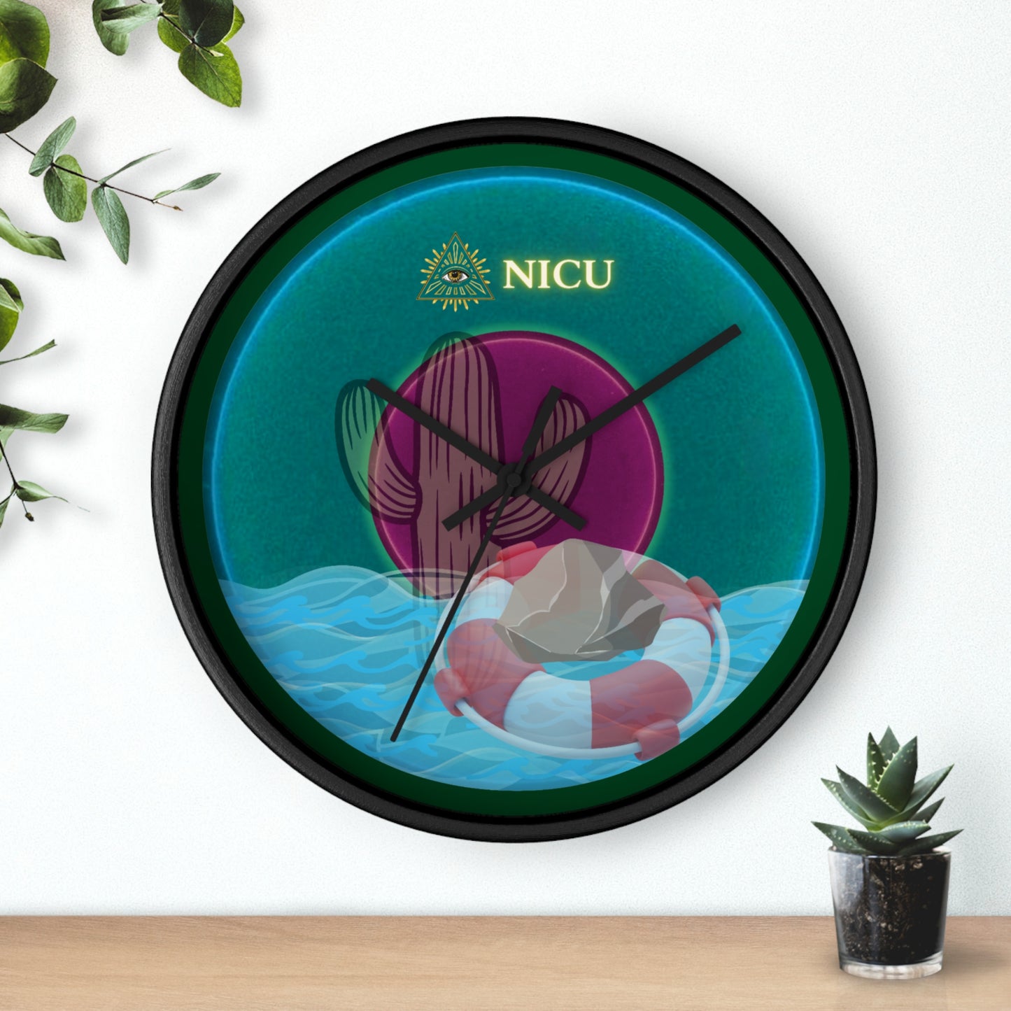 Lumpy Wall Clock - "The Donut Clock that Conveys" - vivid dark teal donut w/deep pond green background