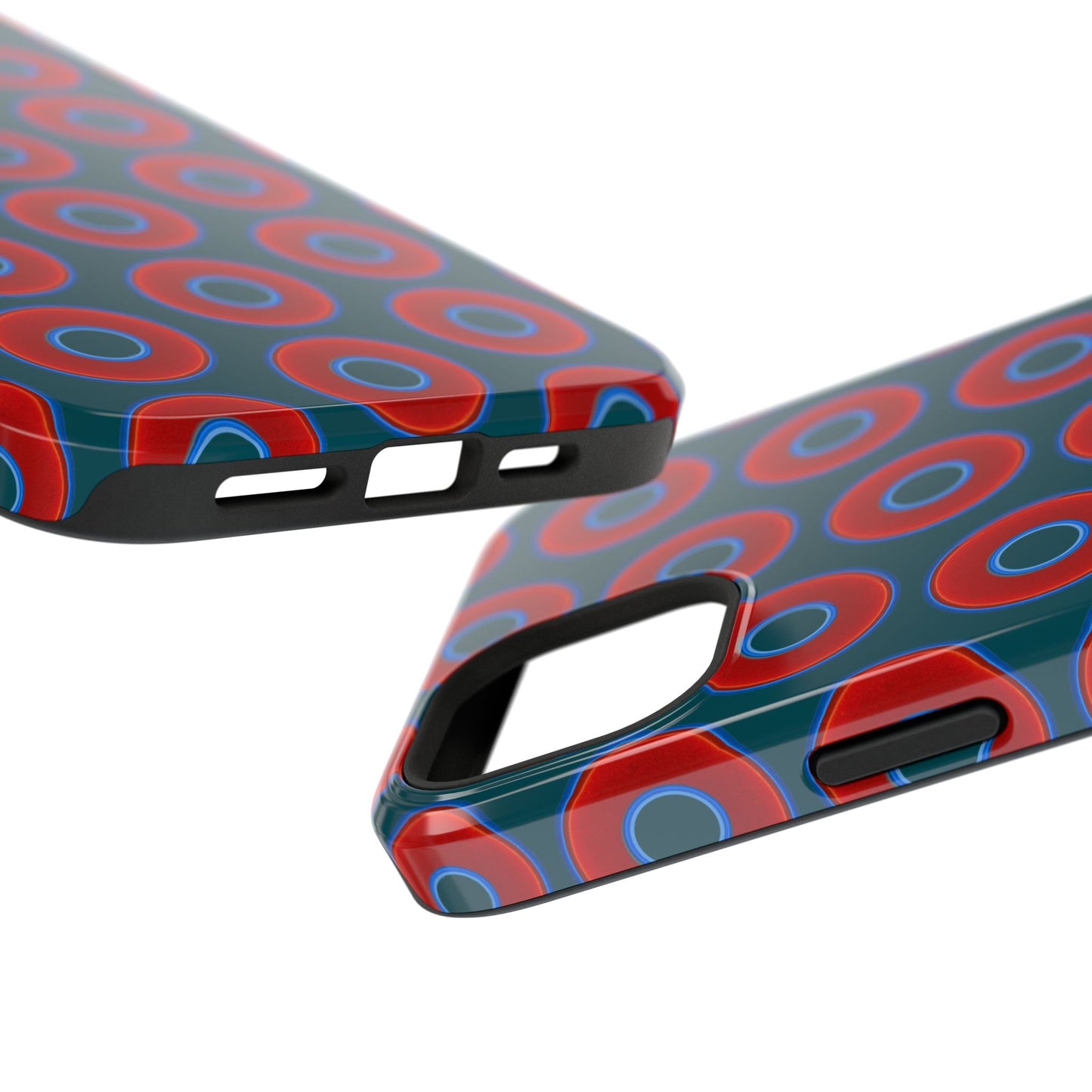 Impact-Resistant Lumpy Donut Case - red vivid donut print w/midnight green background