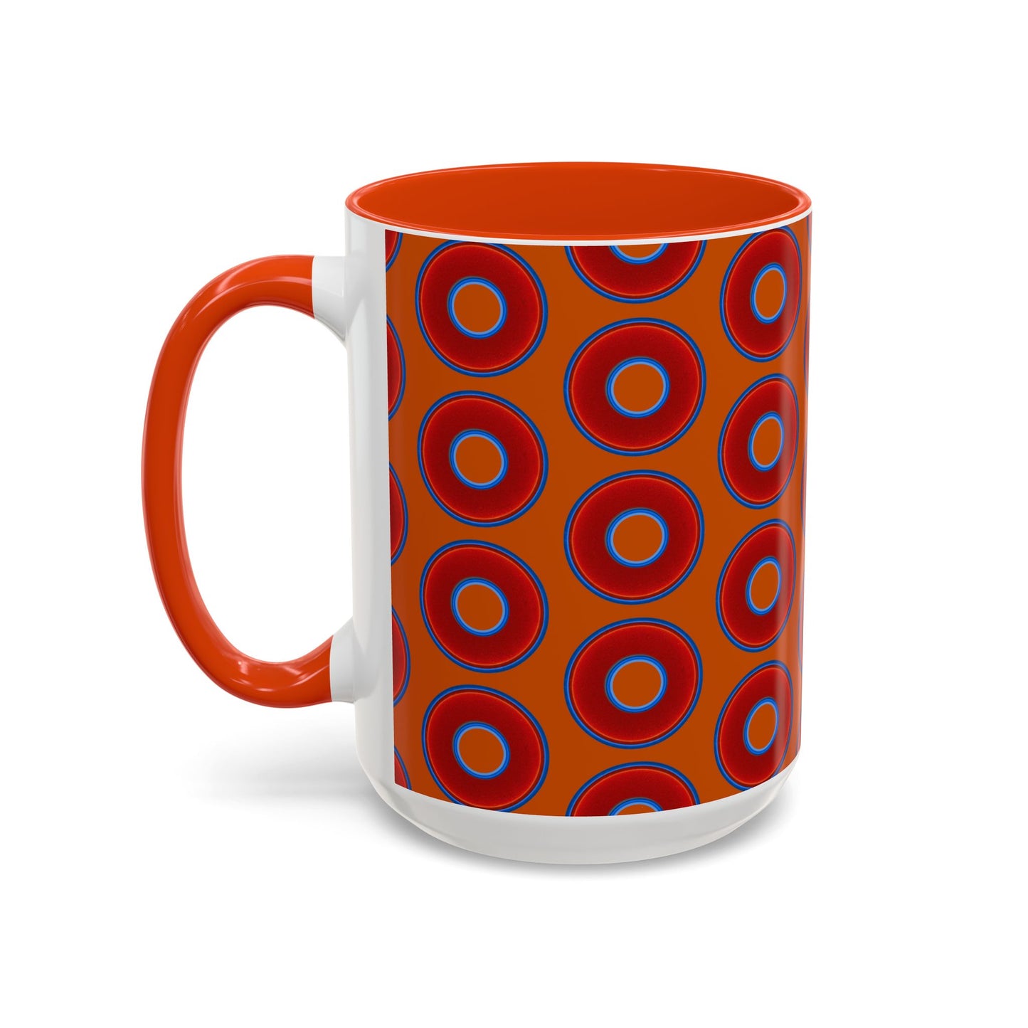 Lump's Grumpy Coffee Mug - vivid red donuts w/dark orange background