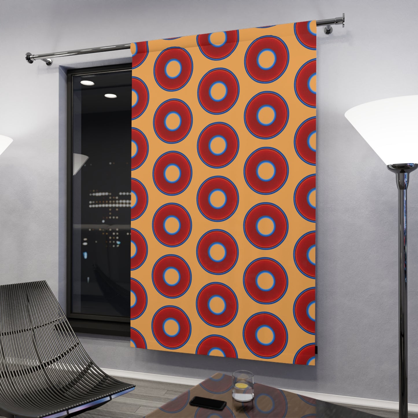 Lump's Heady Curtain w/Donuts - vivid red donut print - w/creamsicle orange background - [*1 Piece / 50" x 84"]