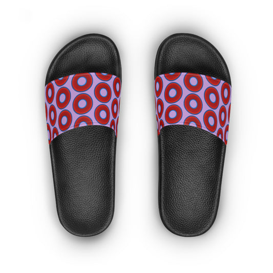 Lumpy Sandals - slip-ons - red vivid donuts w/wisteria purple background