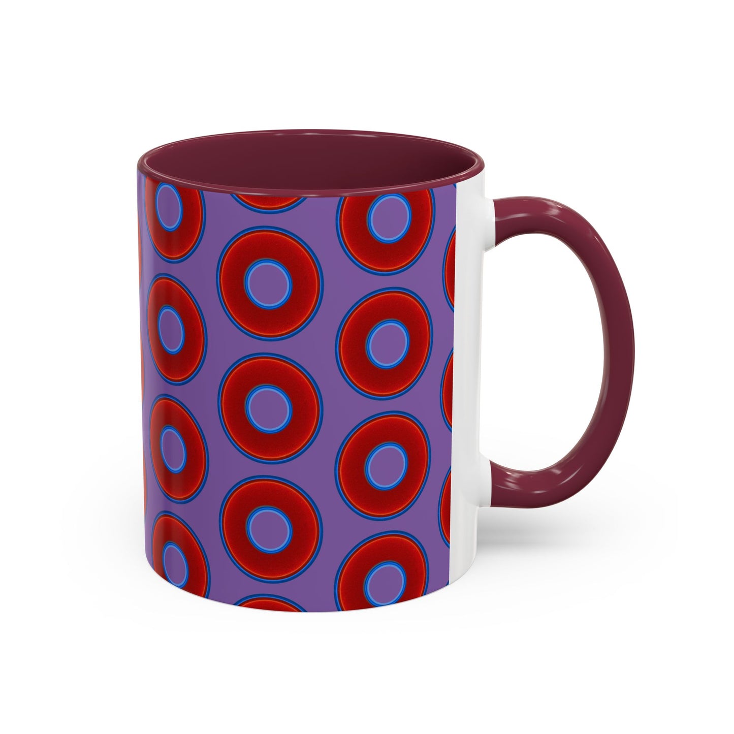 Lump's Grumpy Coffee Mug - vivid red donuts w/light purple background