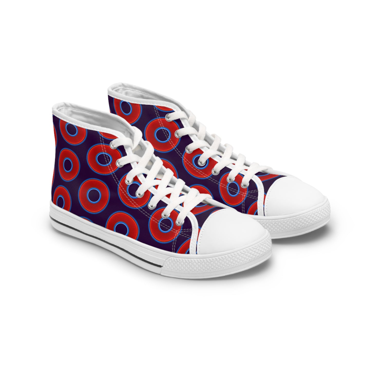 Women's High Top Chuck Taylors - large vivid red donut print w/midnight purple background