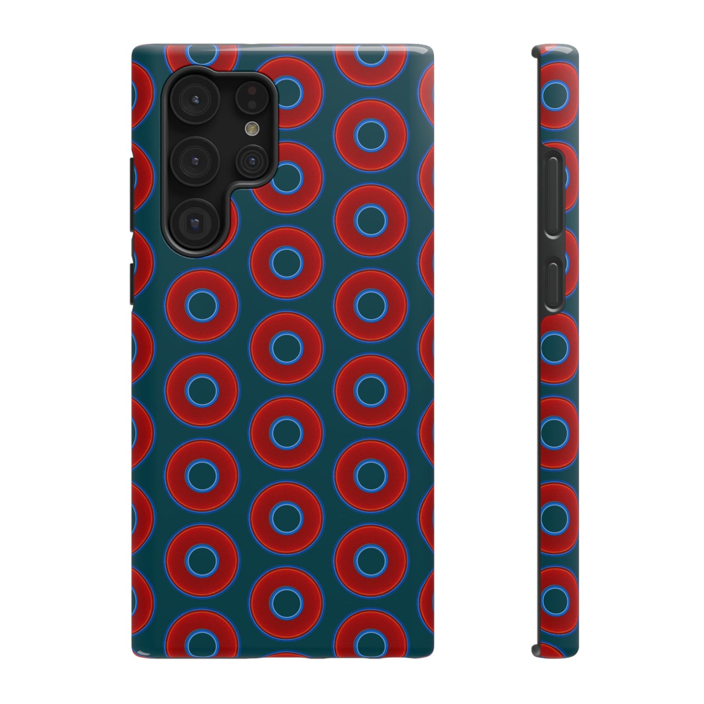 Impact-Resistant Lumpy Donut Case - red vivid donut print w/midnight green background