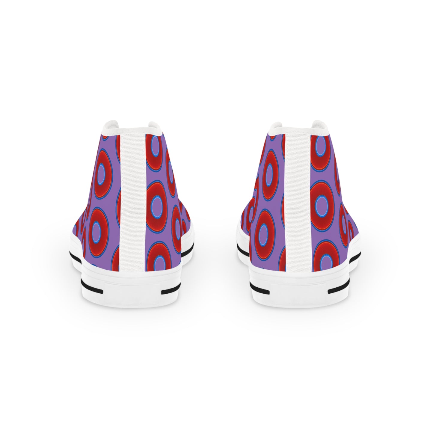 Men's High Top Chucks - large vivid red donut print w/light purple background