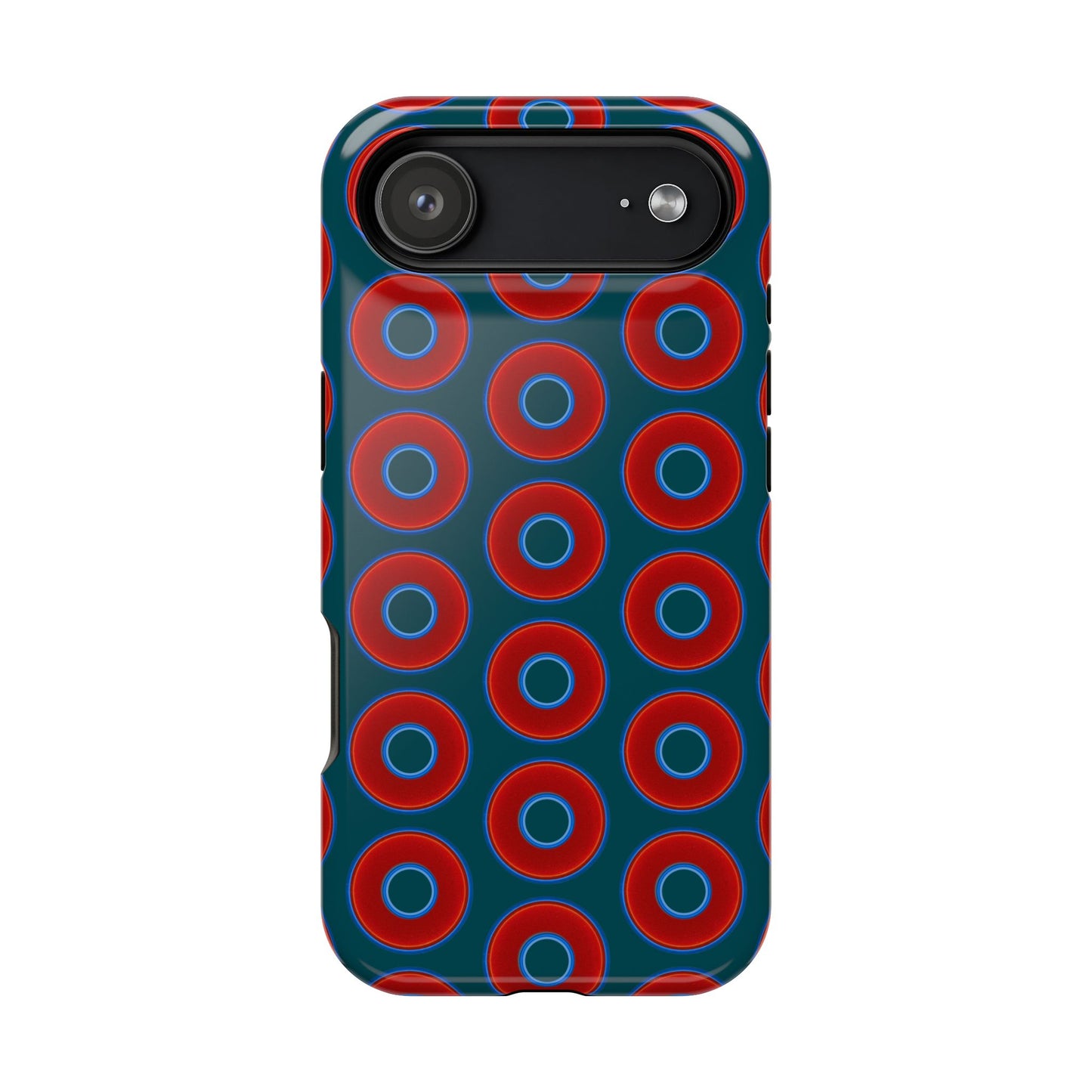 Impact-Resistant Lumpy Donut Case - red vivid donut print w/midnight green background