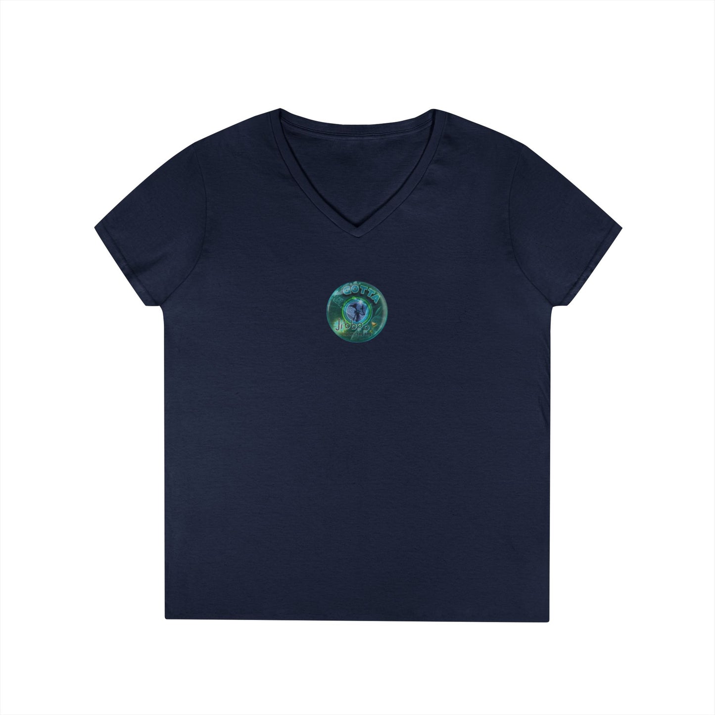 Women's Donut V-Neck Tee - "Momma just got out of Sing Sing" - vivid teal green donut w/
