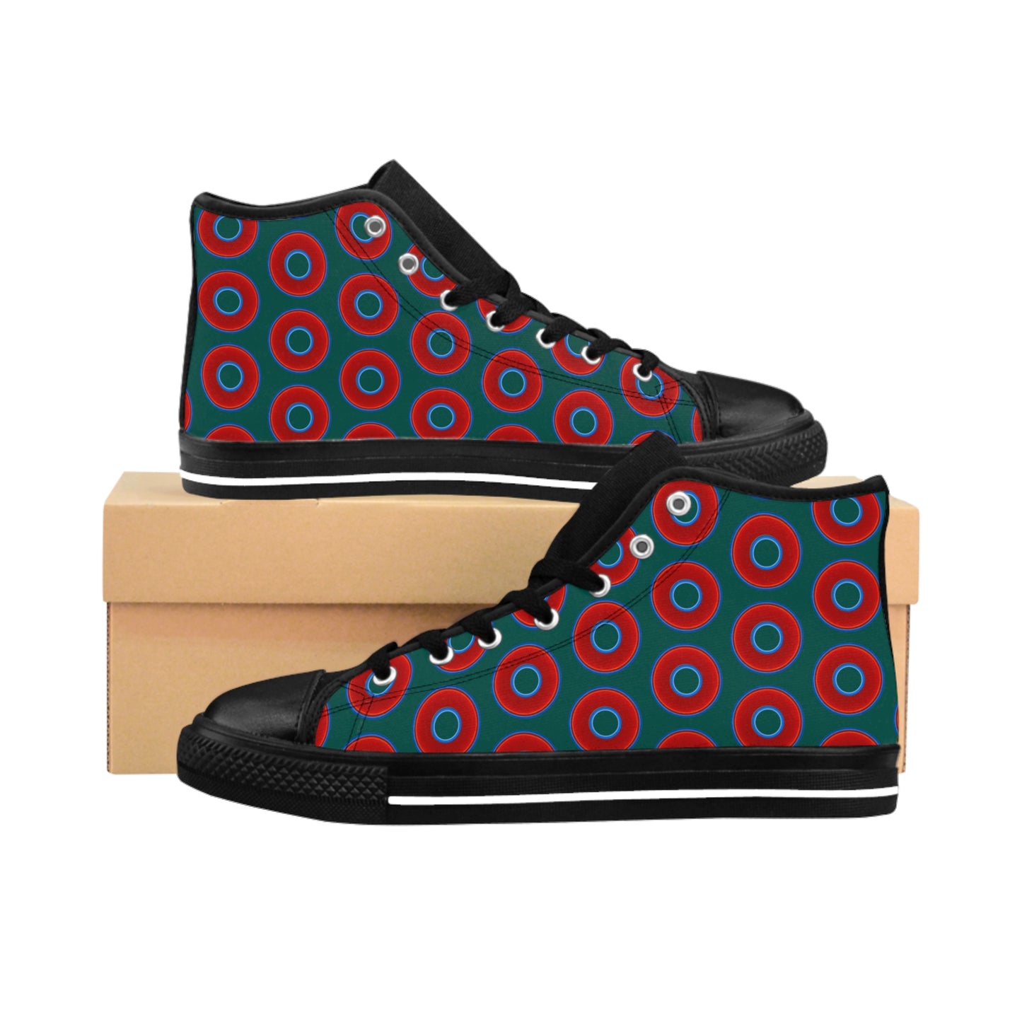 Men's Cushiony Convectors - High Tops - red vivid donuts w/dark Fenway green background