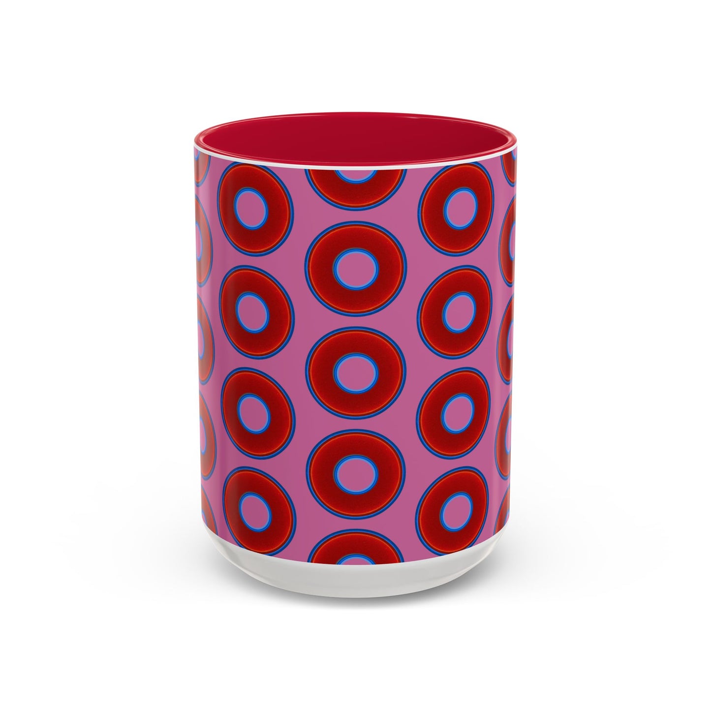 Lump's Grumpy Coffee Mug - vivid red donuts w/pink background