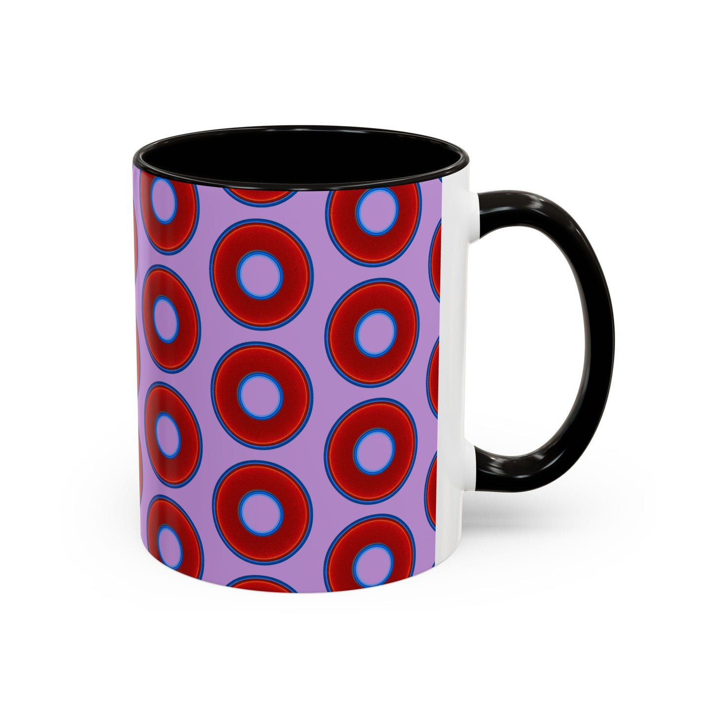 Lump's Grumpy Coffee Mug - vivid red donuts w/wisteria purple background