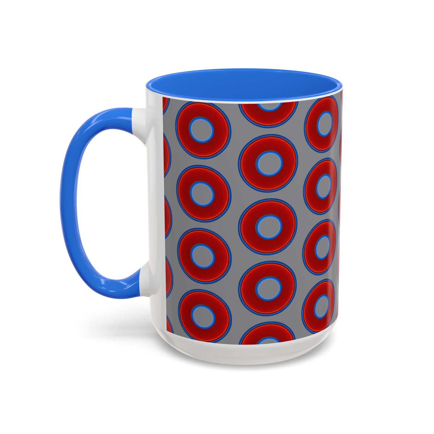 Lump's Grumpy Coffee Mug - vivid red donuts w/gray background
