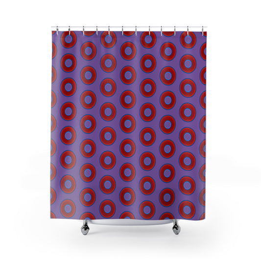 The Curtain With "Donuts" - Lumpy Bath Time Fun - vivid red donuts w/light purple background