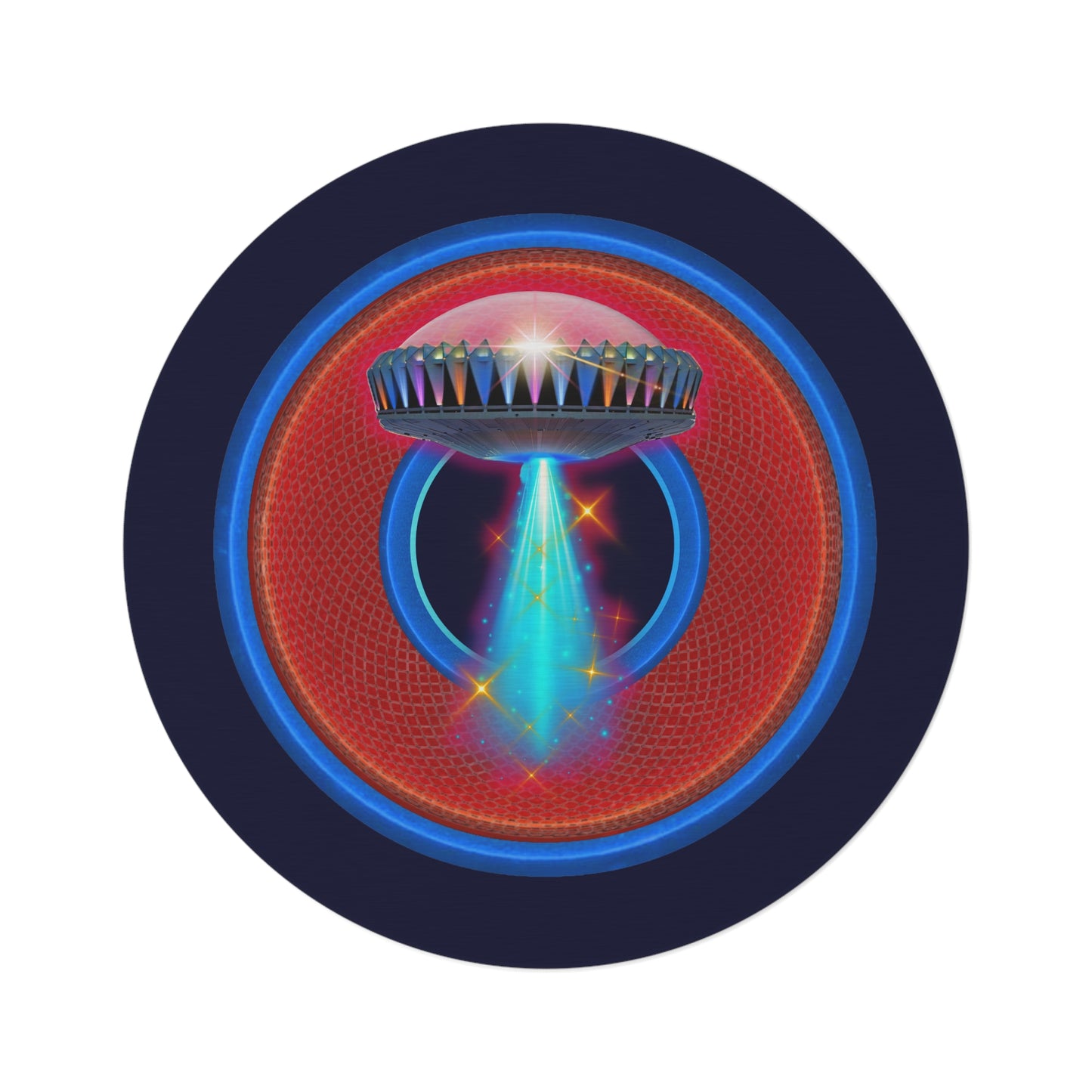 Round Room - 5 ft x 5 ft Lumpy Donut Rug - "They Have Rugs on the Mothership now" - rustic red/blue donut w/dark navy background - variant 1