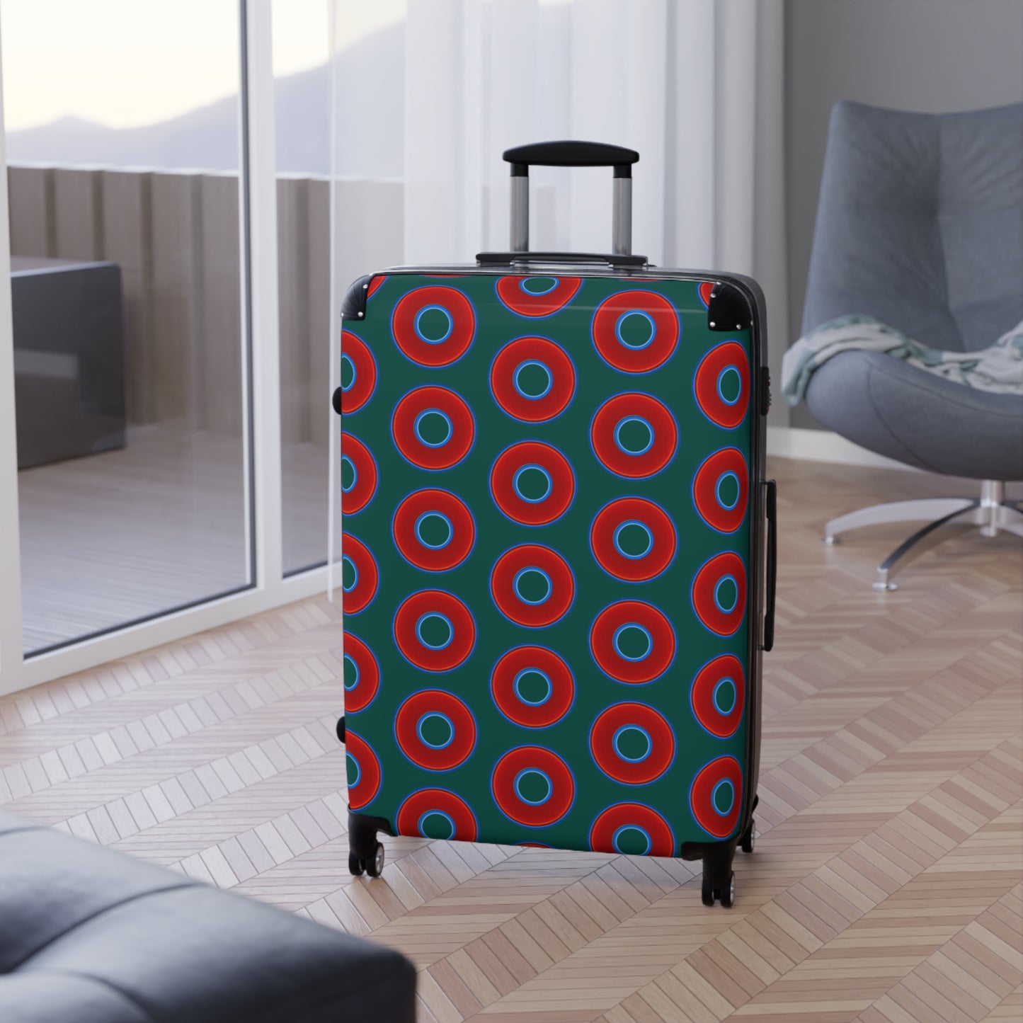 The Very Lumpy Donut Suitcase series - your choice of S, M or L - vivid red donut print w/grayish green background