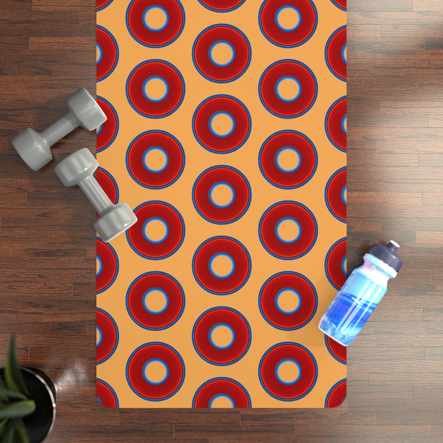 Lumpy Donut Yoga Mat :) - 24″ x 70" - vivid red donut print w/creamsicle background