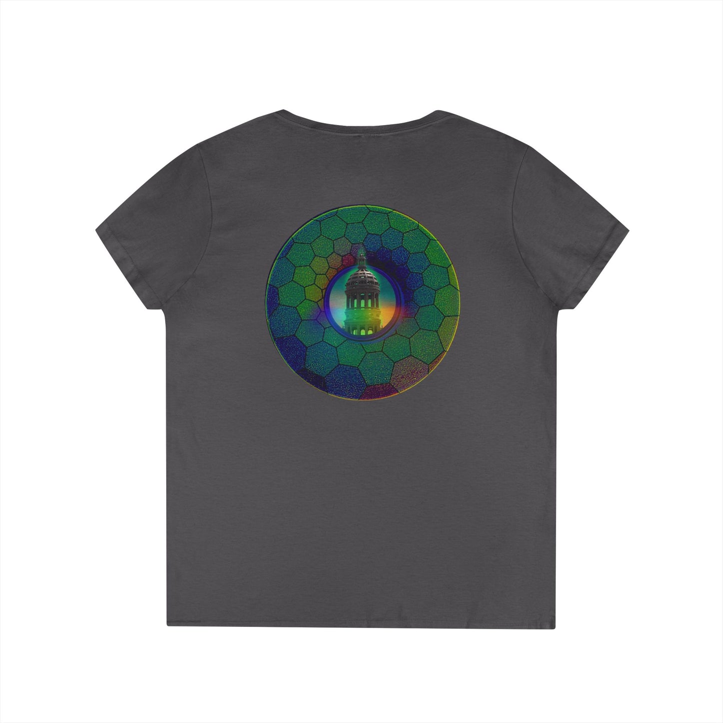 Women's Donut V-Neck Tee - "Save the Mondegreen City Hall Clock Tower" - variant 1 - green hexadonut w/