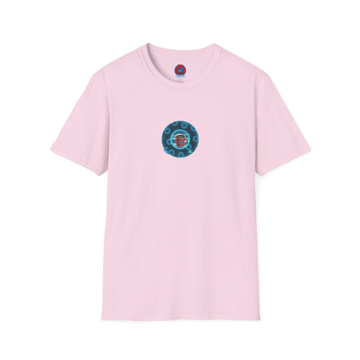 Lumpy Coffee Traders Tee - Unisex Soft-Style - "Good to Last Leaky Drop" - paradoxical donut - variant 2 - ocean donut front/logo back
