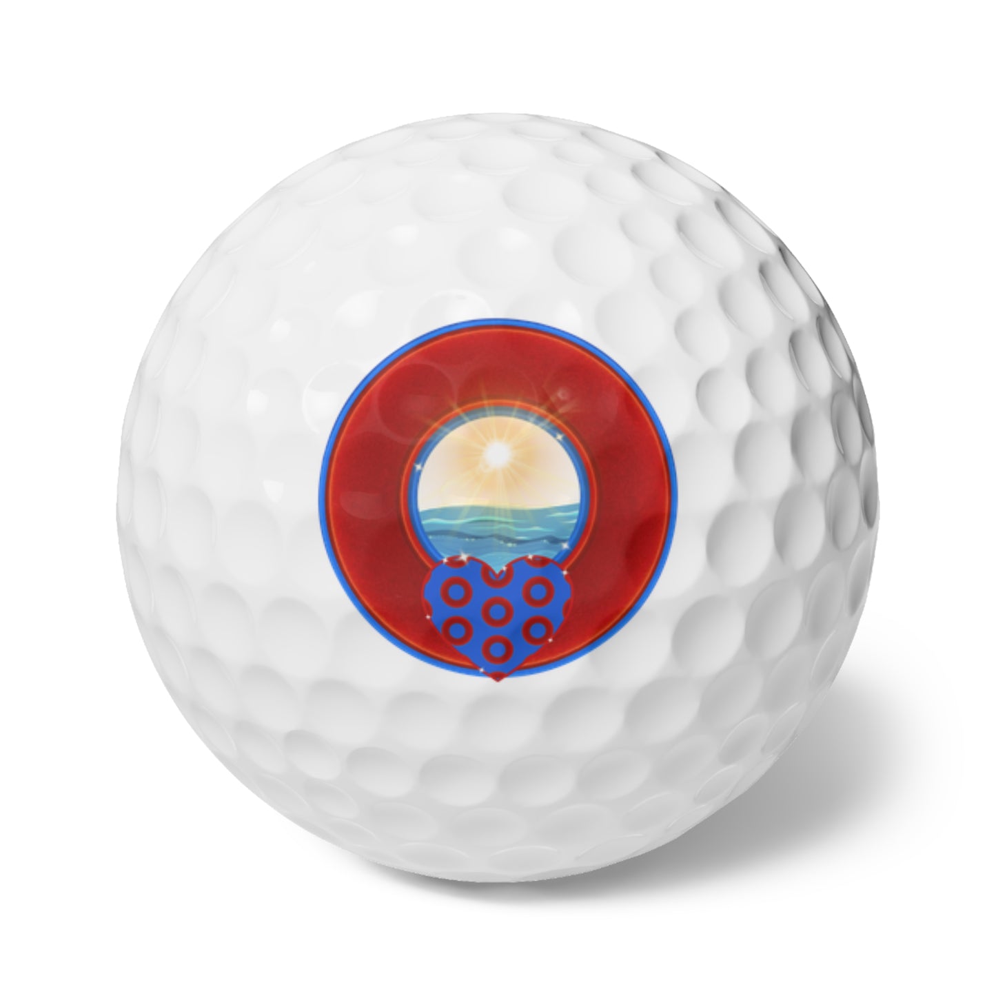 Lumpy Donut Golf Balls - 6-pack - "The Ocean is Donuts" - vivid red/blue donut - w/sun & sea - variant 2