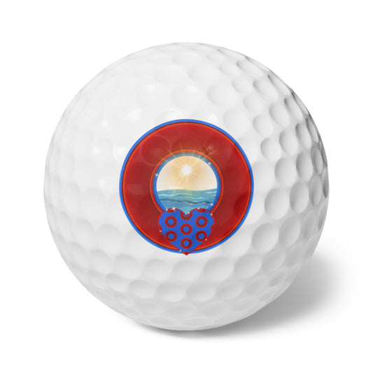 Lumpy Donut Golf Balls - 6-pack - "The Ocean is Donuts" - vivid red/blue donut - w/sun & sea - variant 2