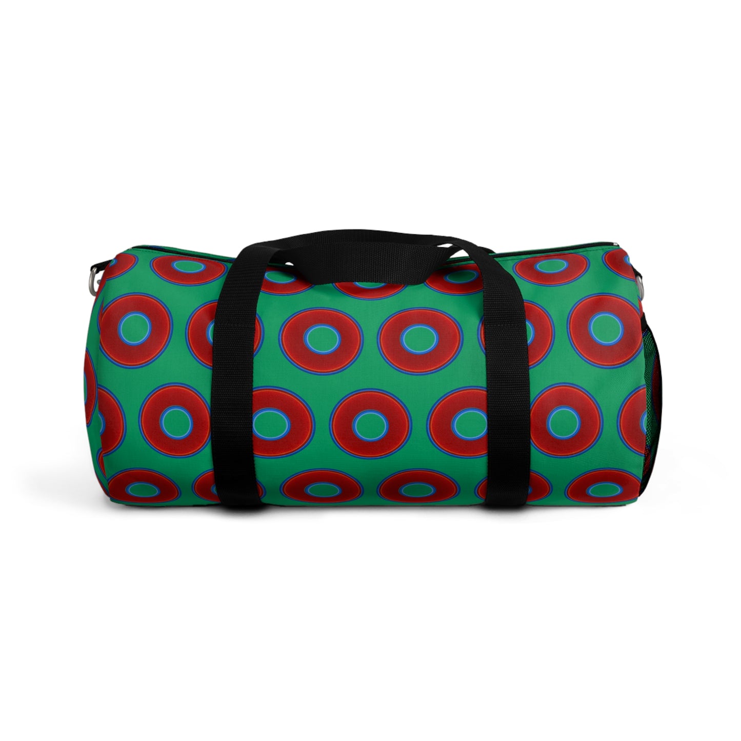 Lumpy Duffel - vivid red donuts w/jade green background